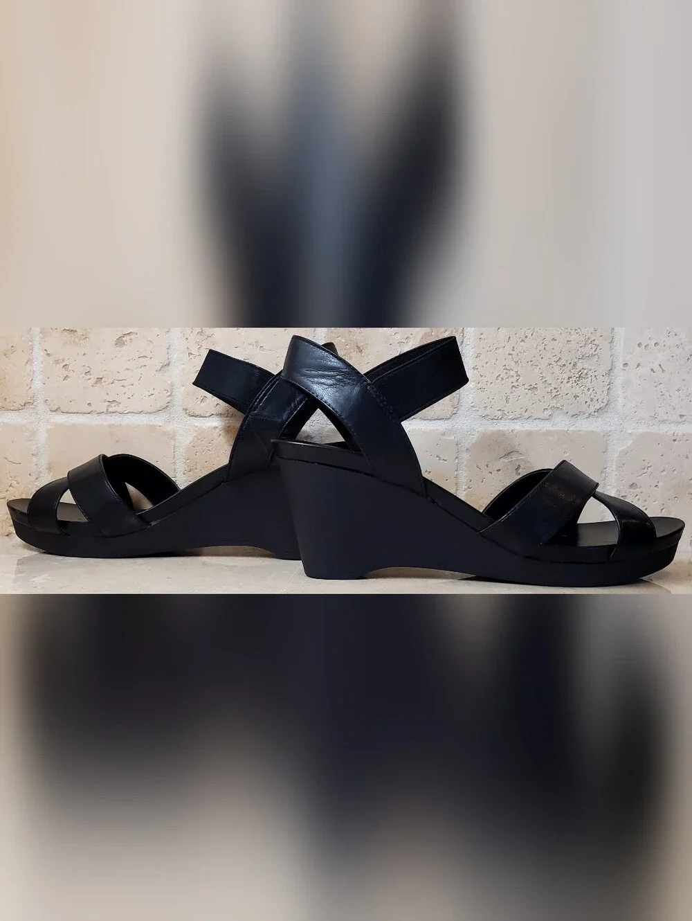 Lauren Ralph Lauren Black Leather Crisscross Wedge Sandals Size 8.5 M